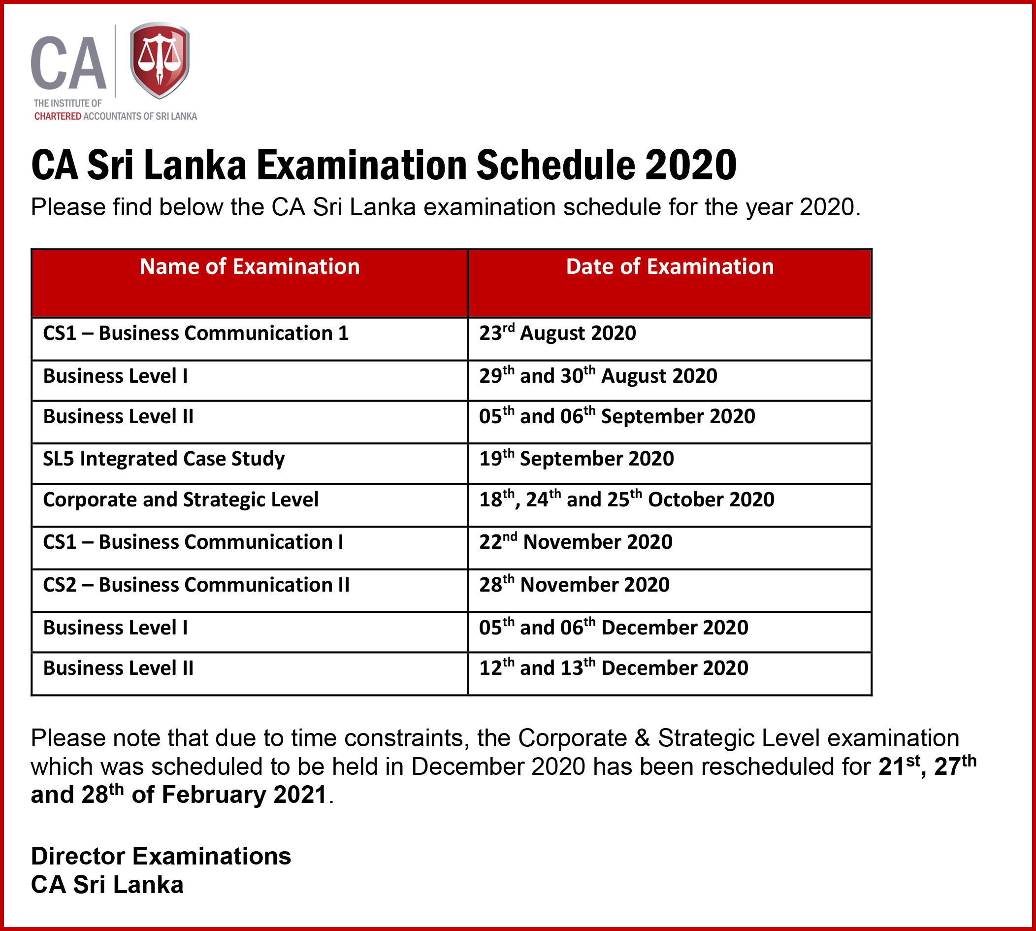 CA Sri Lanka Examination Schedule 2020